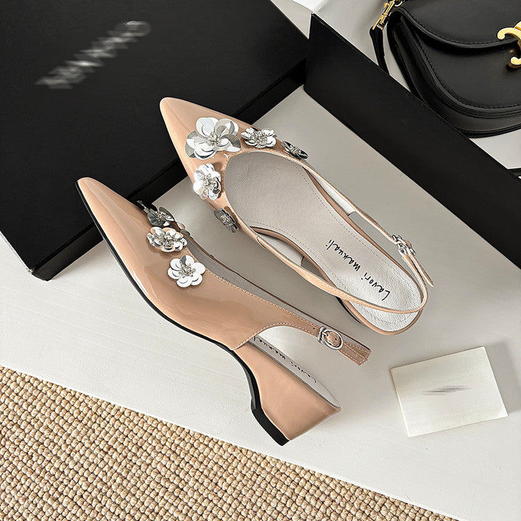 Karin Luna In Stock In Stock  Sequin Floral Pointed Toe Chunky Heel Closed-Toe Sandals