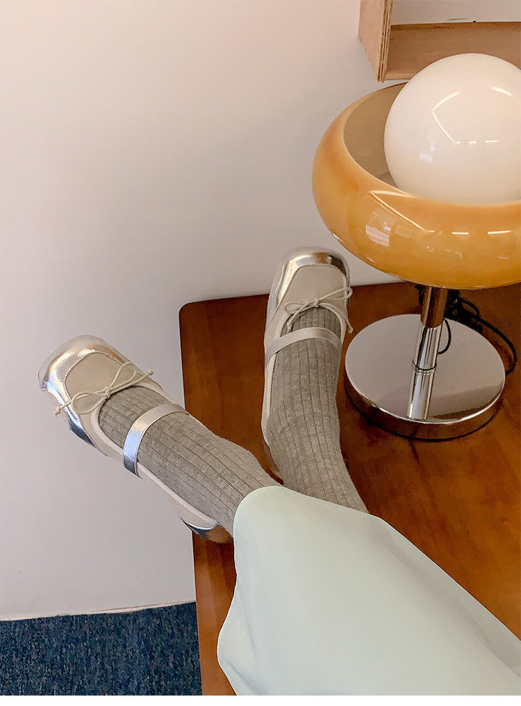 Karin Luna In Stock Spot Goods    Color Block Cowhide Leather Square Toe Slip-On Height Increasing Bowknot Flats