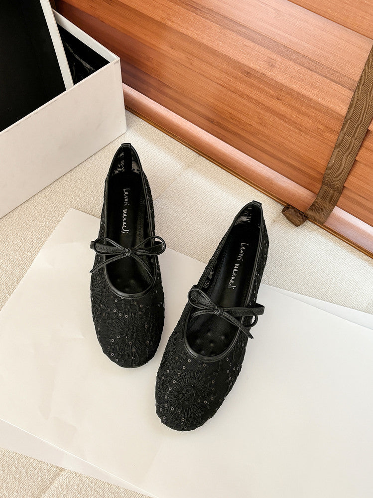 Karin Luna In Stock Spot Goods  Summer Breathable Retro Embroidered Bow Granny Shoes