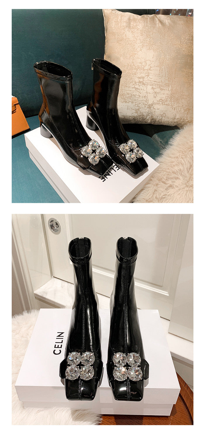 Karin Luna In Stock  Elegant Style Square Toe Rhinestone Chunky Heel Ankle Boots