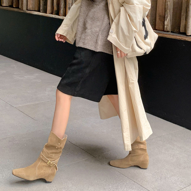 Karin Luna Foldable Belt Buckle Square Toe Hidden Wedge Short Boots