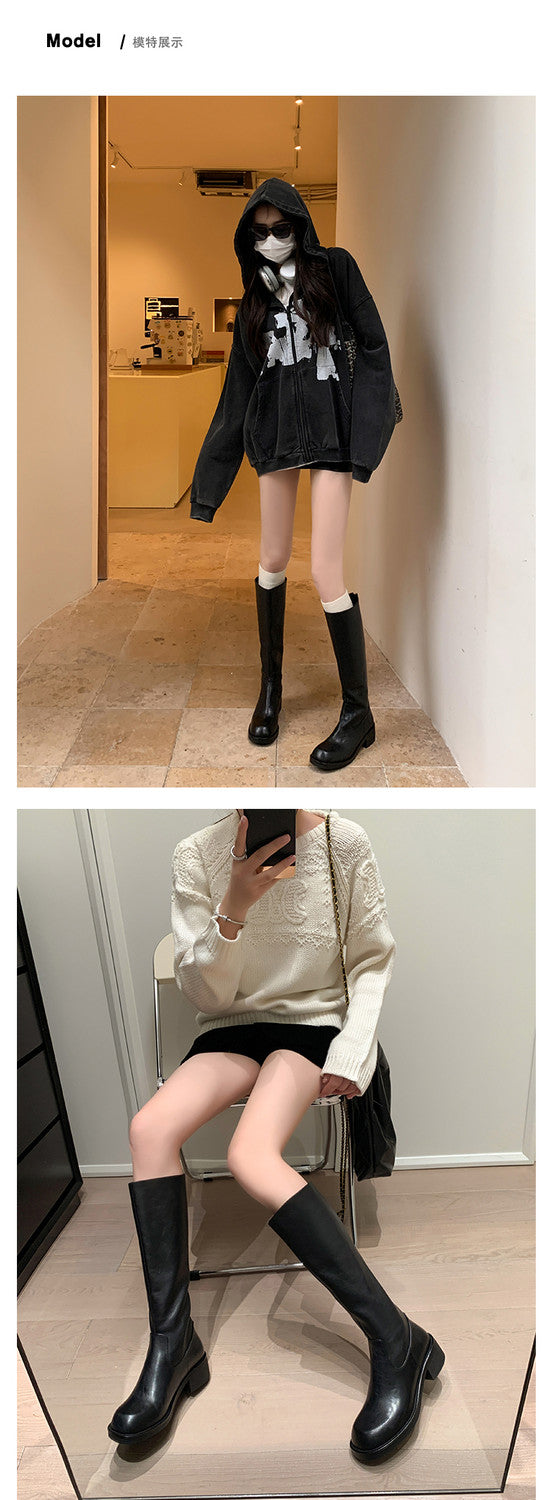 Karin Luna Basic Versatile Style Round Toe Chunky Heel Long Boots
