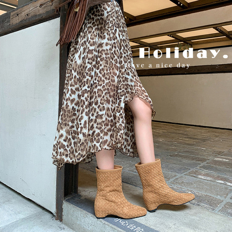 Karin Luna Handmade Woven Fabric Small Square Toe Hidden Heel Short Boots