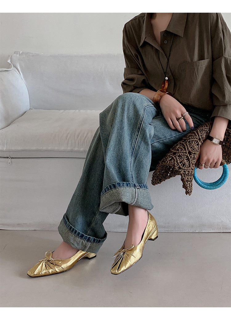 Karin Luna French Style Wrinkled Square Toe Height-Increasing Flats