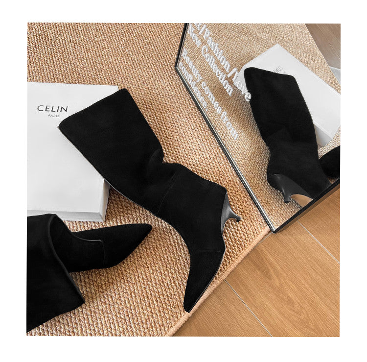 Karin Luna In Stock Spot Goods Retro Cowhide Pointed Toe Stiletto Elegant Long Boots