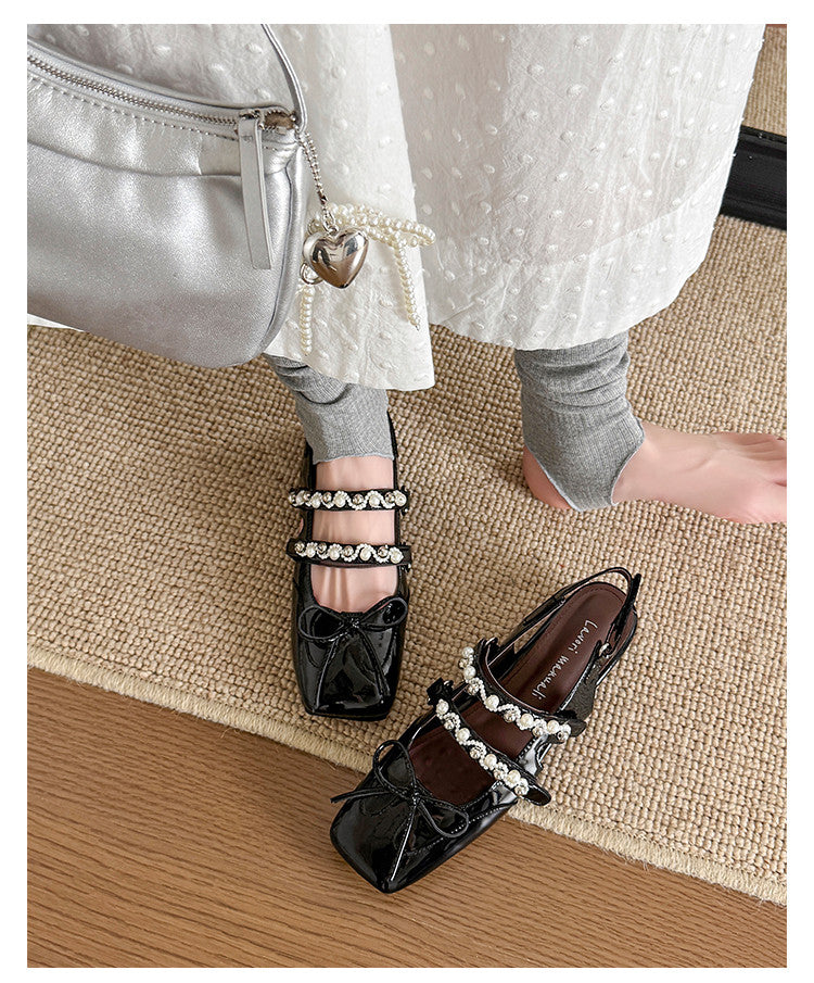 Karin Luna In Stock In Stock  Square Toe Bowknot Pearl Strap Closed-Toe Sandals