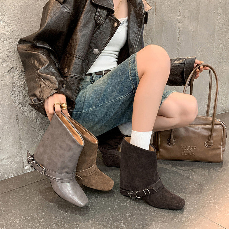 Karin Luna Data Hot Item Square Toe Hidden Wedge Belt Buckle Suede Ankle Boots