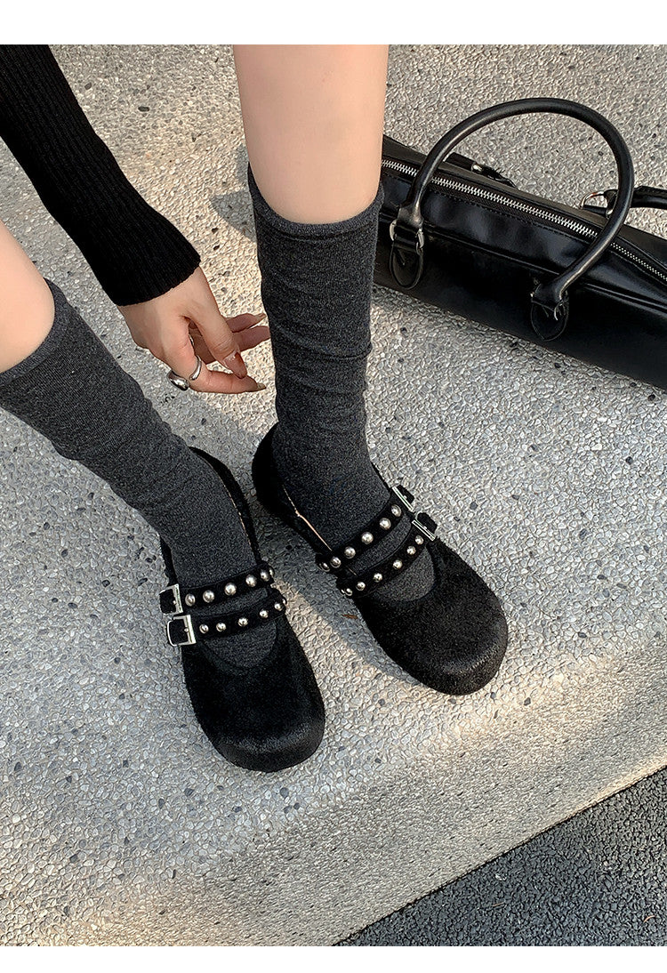 Karin Luna Hot Item Hot Item Punk Style One-Strap Round-Toe Suede Leather Height-Increasing Flats