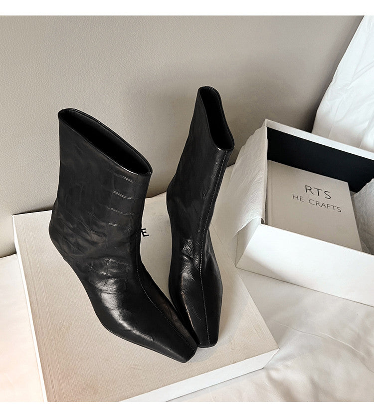 Karin Luna In Stock Spot Goods Top Layer Stone Pattern Cowhide Textured Small Square Toe Straight Short Boots