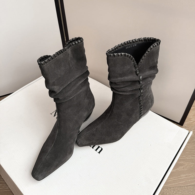Karin Luna Small Square Toe Retro Ruched Pile Short Boots