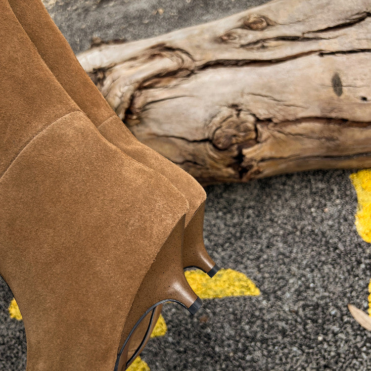 Karin Luna In Stock Spot Goods Retro Cowhide Pointed Toe Stiletto Elegant Long Boots
