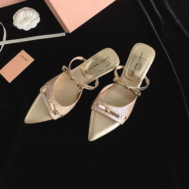 Karin Luna Fish Skin Series~Pointed Toe Irregular Heel Bowknot Strap Slippers