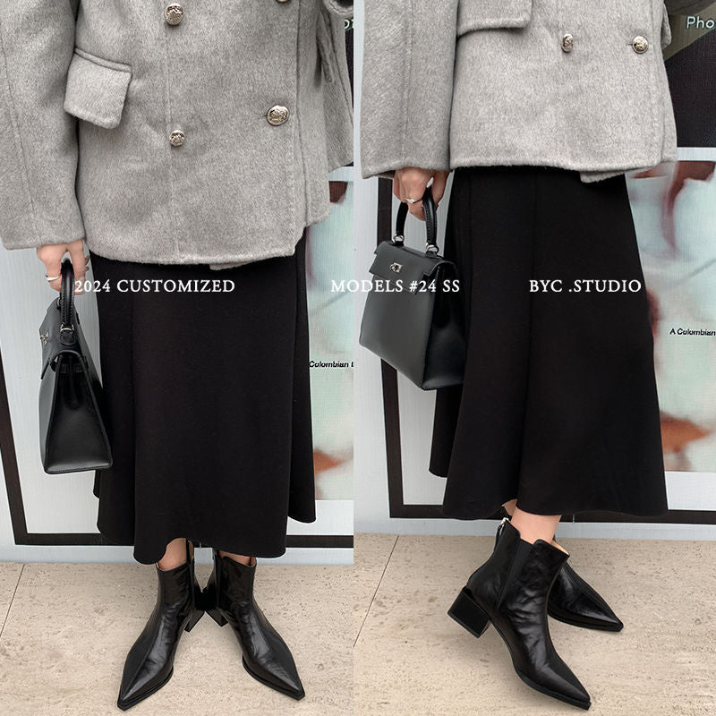 Karin Luna In Stock Spot Goods Elegant Stretch Fabric Patchwork Pointed Toe Chunky Heel Short Boots