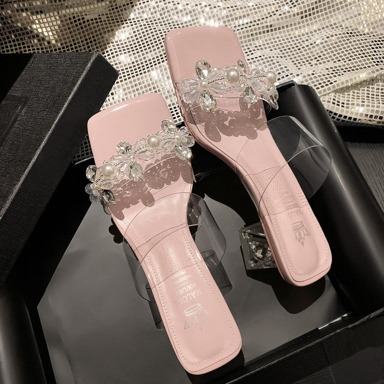 Karin Luna In Stock Spot Goods  Always in stock Square Toe Sweet Rhinestone Crystal Heel Slippers