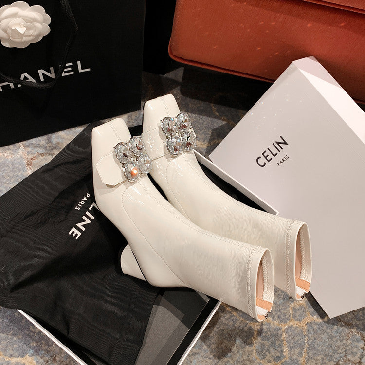 Karin Luna In Stock  Elegant Style Square Toe Rhinestone Chunky Heel Ankle Boots