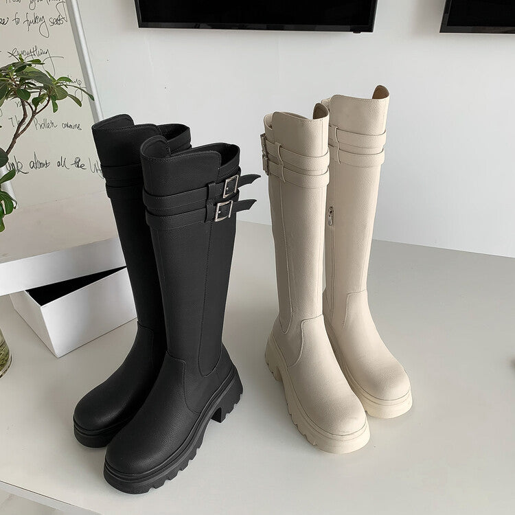 Karin Luna In Stock Best-selling in stock   Super Soft Sheepskin  Round Toe Thick Sole Vintage Belt Buckle Long Boots