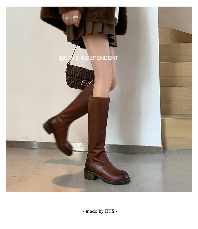 Karin Luna Basic Versatile Style Round Toe Chunky Heel Long Boots
