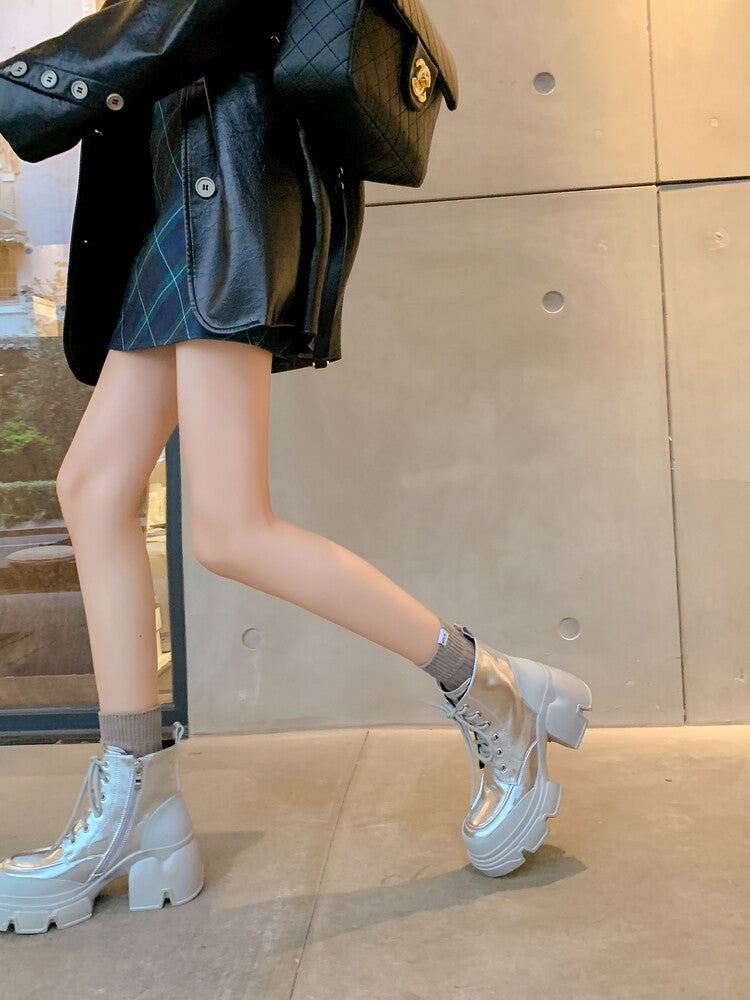 Karin Luna Casual Thick Sole Full Cowhide Lace-up Thick-soled Short Boots   Classic All-Matching
