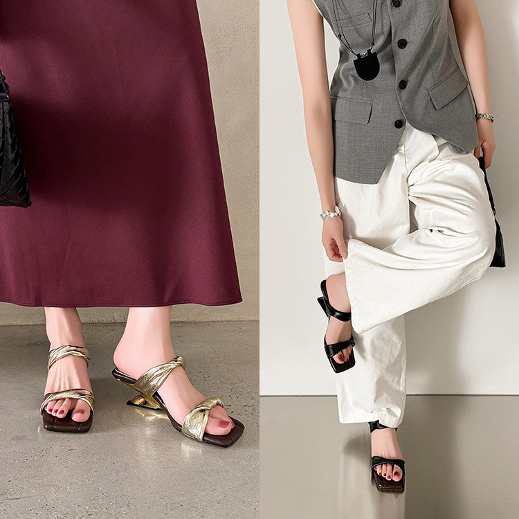 Karin Luna In Stock  Spot Goods   Square Toe One-Strap Irregular Heel Slippers