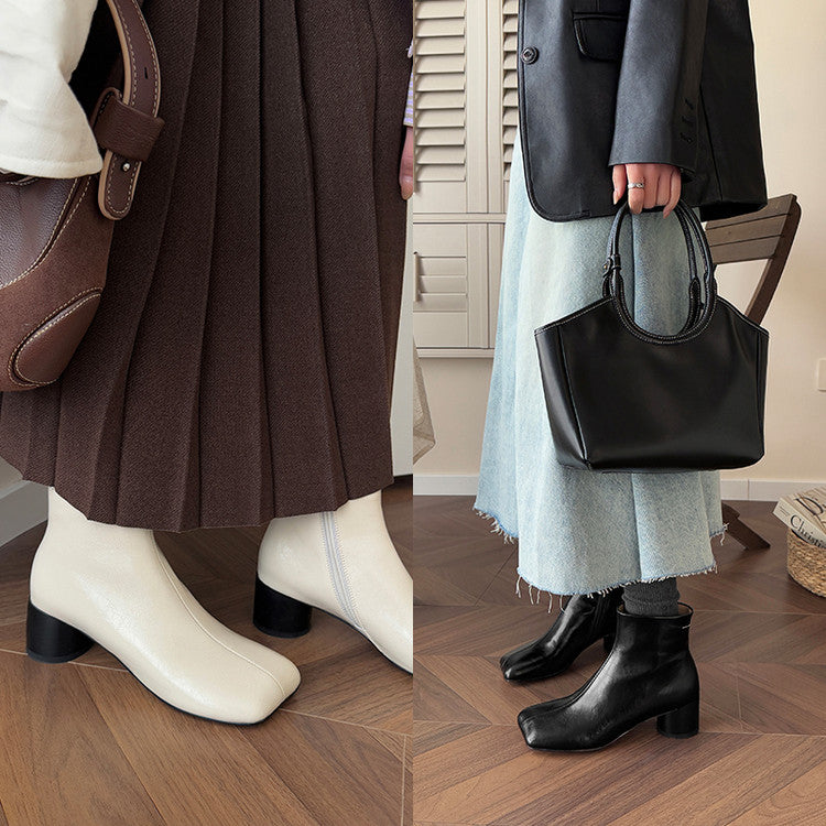 Karin Luna French Style Square Toe Chunky Heel Ankle Boots