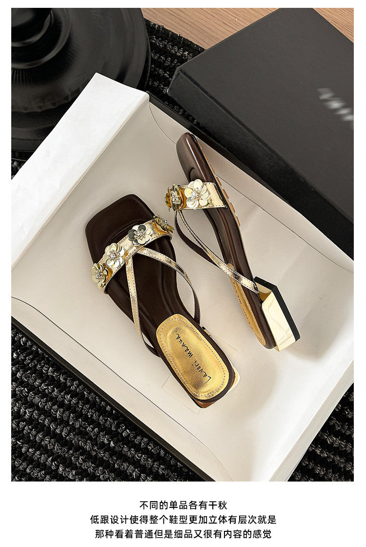 Karin Luna In Stock Spot Goods  One-Strap Sequin Floral Square-Toe Flat Slippers