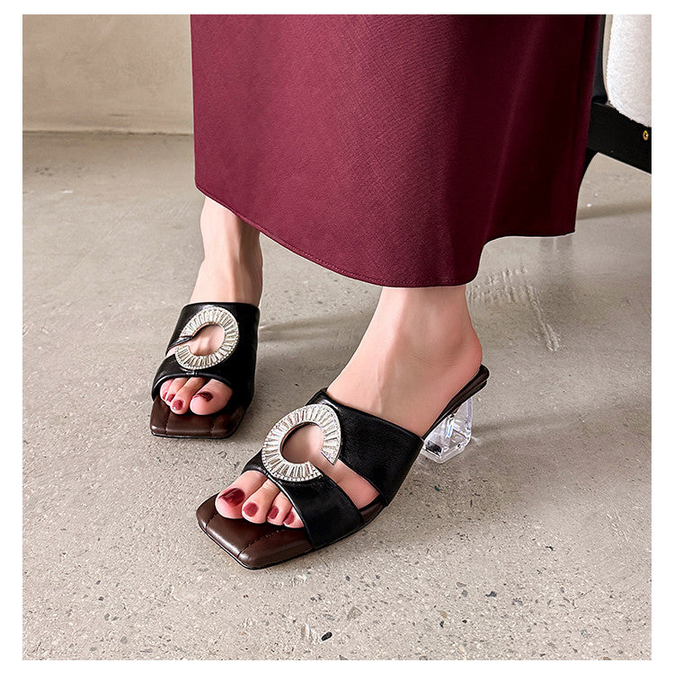 Karin Luna In Stock  Spot Goods  Large Rhinestone Square-Toed Crystal Heel Slippers
