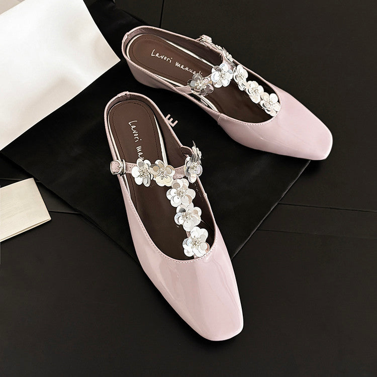 Karin Luna In Stock Spot Goods  T Handmade Sequin Flower Square Toe Height-Increasing Closed-Toe Slippers