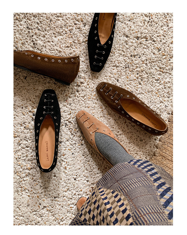 Karin Luna In Stock Spot Goods    Old Money Style Square Toe Suede Flats