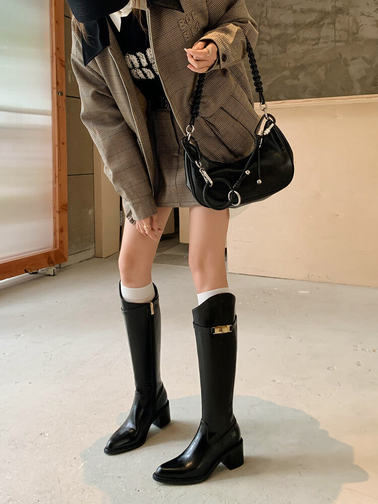 Karin Luna Hot-Selling Fasteners Sold as soon as listed Comes with data plan included Pointed Toe Chunky Heel Classic Full Cowhide Leather Riding Boots