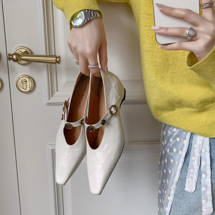 Karin Luna In Stock Spot Goods    Retro Classic Metal Camellia Irregular Heel Single Shoes
