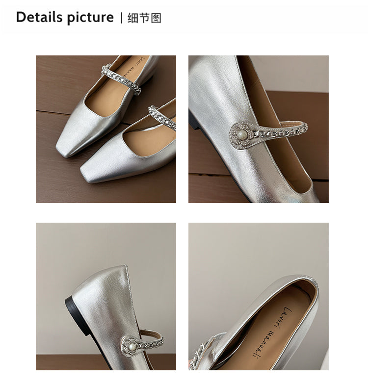 Karin Luna In Stock In Stock ~Metal One-Strap Pearl Small Square Toe Height-Increasing Flats