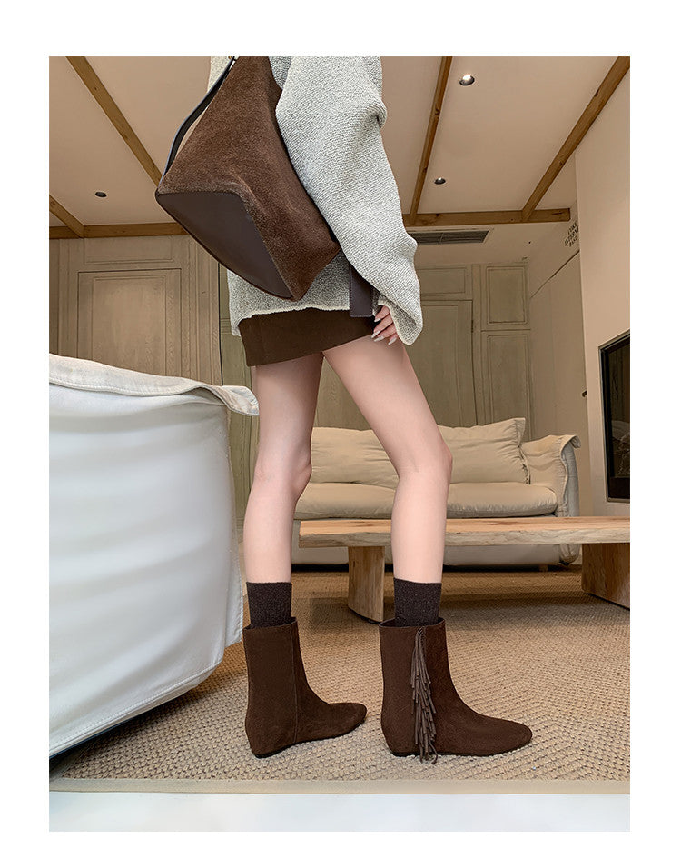Karin Luna In Stock Spot Goods Tassel Square Toe Hidden Wedge Short Boots