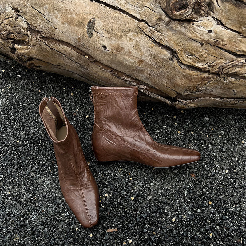 Karin Luna In Stock Spot Goods Slim Series  Hidden Wedge Small Square Toe Back Zipper Short Boots