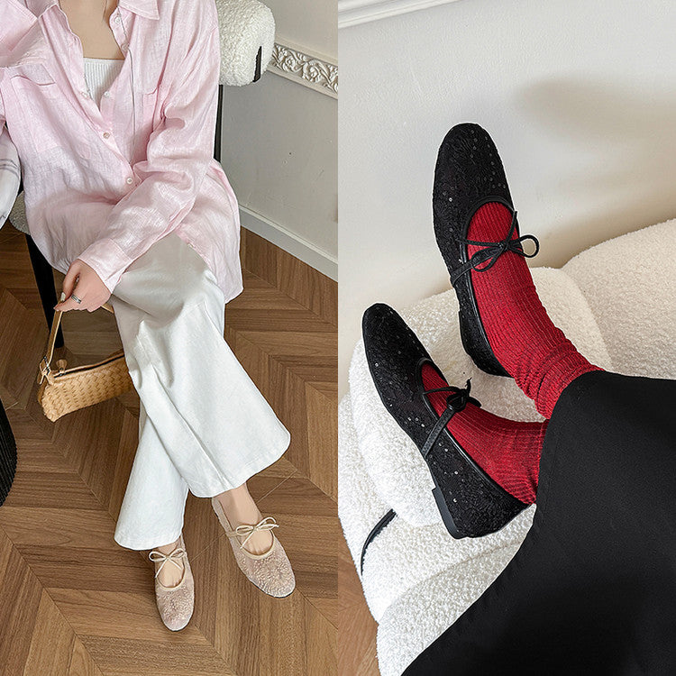 Karin Luna In Stock Spot Goods  Summer Breathable Retro Embroidered Bow Granny Shoes