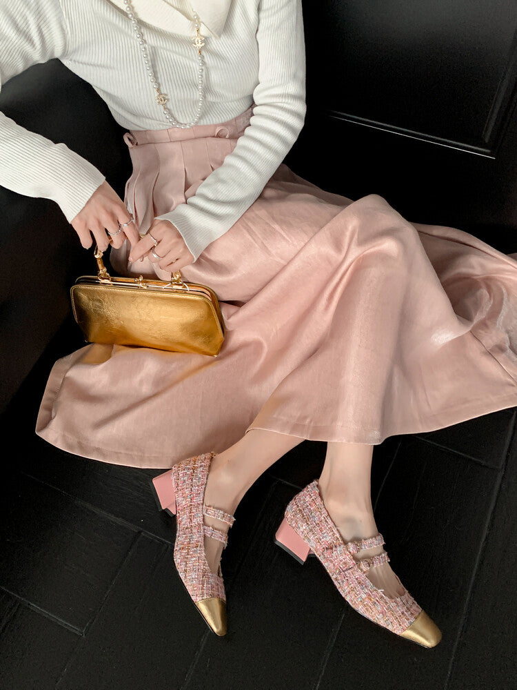 Karin Luna Classic Chanel Style~ Tweed Spring Limit Square Toe Chunky Heel Mary Jane Strap Single Shoes