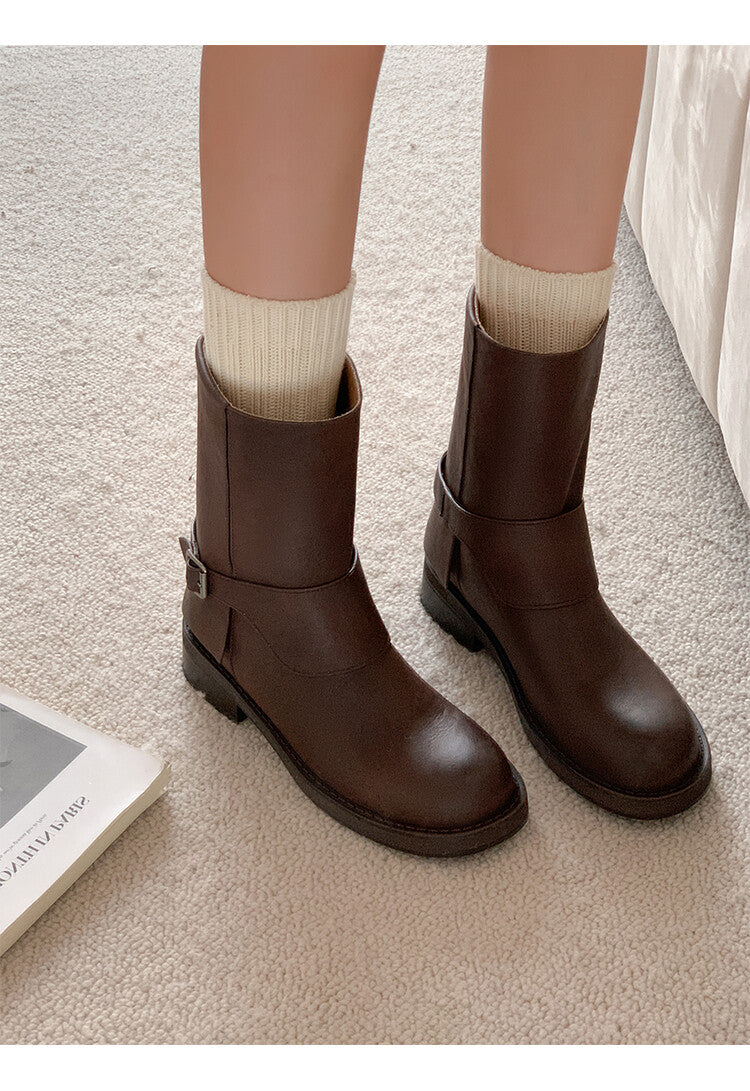 Karin Luna Belt Buckle Chunky Heel Fashion Short Boots