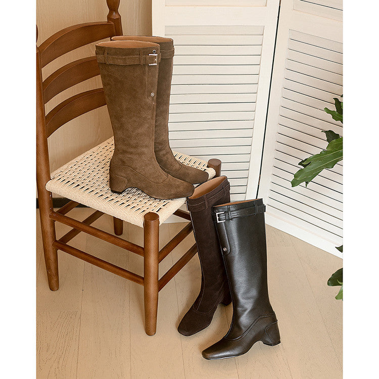 Karin Luna Belt Buckle Elegant Chunky Heel Suede Western Boots