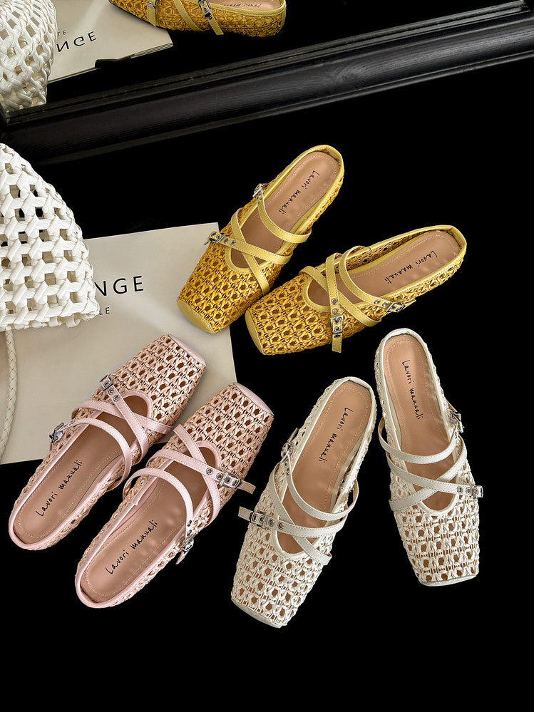 Karin Luna In Stock Spot Goods  Hot-Selling Square-Toe Woven Pig Nose Closed-Toe Slippers