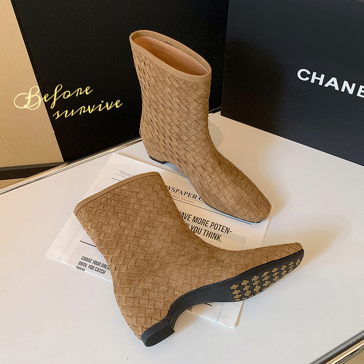 Karin Luna Handmade Woven Fabric Small Square Toe Hidden Heel Short Boots