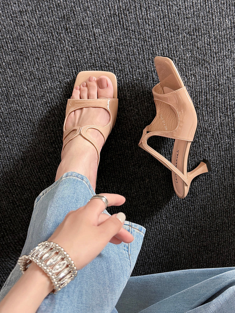 Karin Luna French Retro Square Toe Wrap Strap Open-Toe Slippers