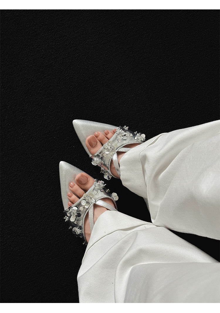 Karin Luna Bestseller Sequin Elements Elegant Pointed Toe Irregular Heel Slippers