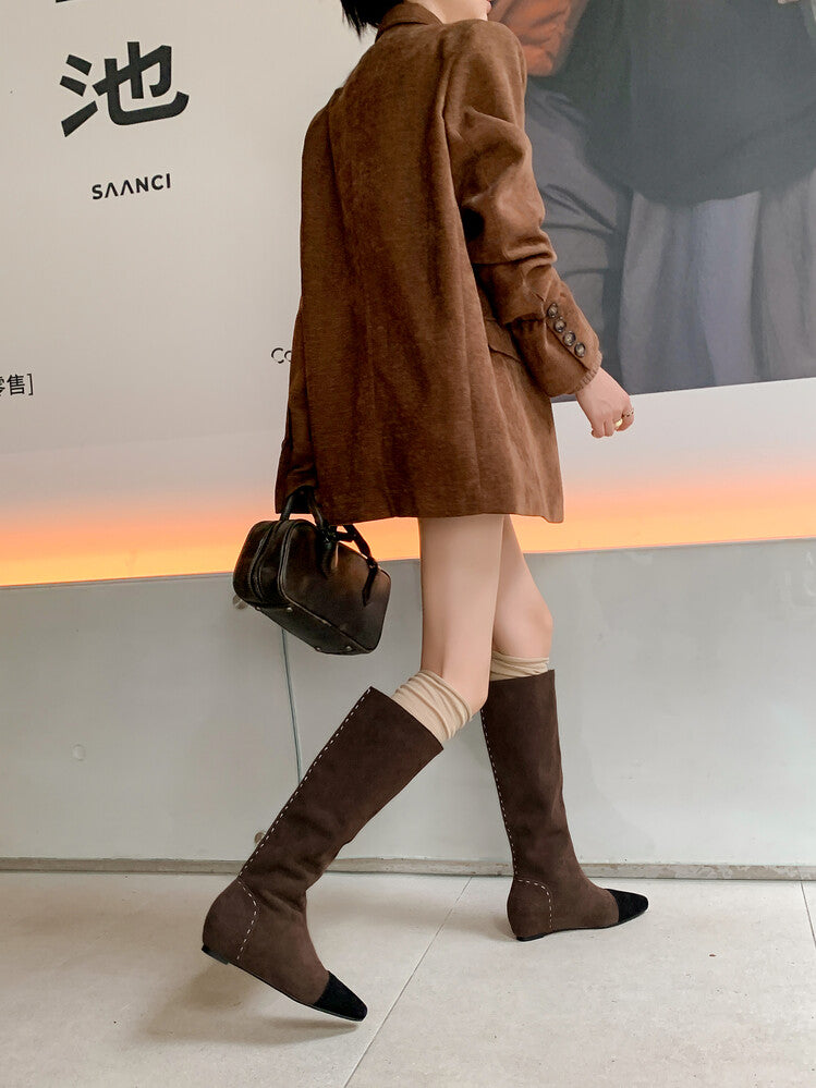 Karin Luna In Stock Spot Goods TikTok Live Hot Item Full Cowhide Leather Pointed Toe Retro Wedge Heel Stacked Boots