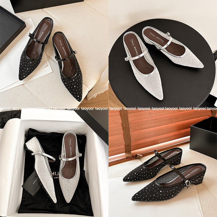 Karin Luna In Stock Spot Goods  Breathable Mesh Fabric Embellished Hand Drill Pointed Toe Slippers