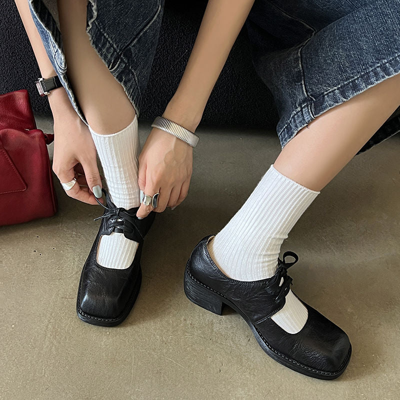 Karin Luna In Stock Spot Goods   Full leather inside and out Vegetable Tanned Hand-Grabbed Sheepskin Square-Toed Chunky Heel Single Shoes