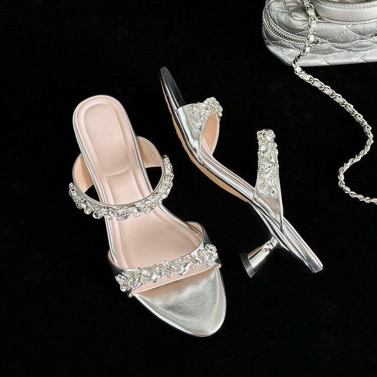 Karin Luna Exquisite Round Toe One-Strap Rhinestone Thin Heel Slippers