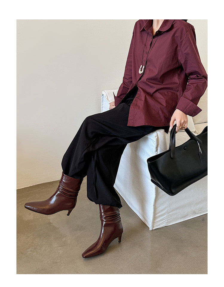 Karin Luna In Stock Spot Goods  Retro Wrinkled Small Square Toe Short Boots