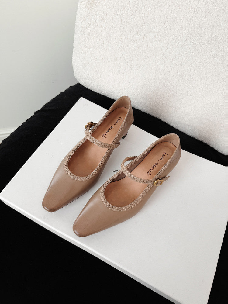 Karin Luna Braided Element Design Chunky Heel Square Toe Single Strap Shoes