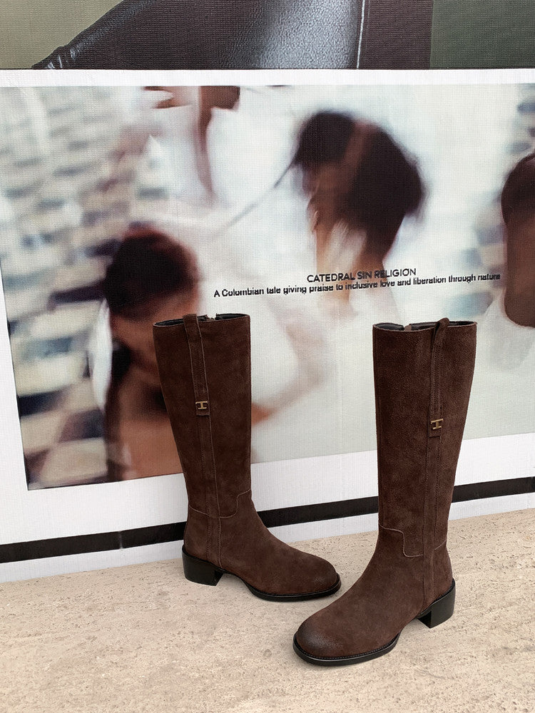 Karin Luna In Stock Spot Goods Basic Retro Square Toe Chunky Heel Riding Boots