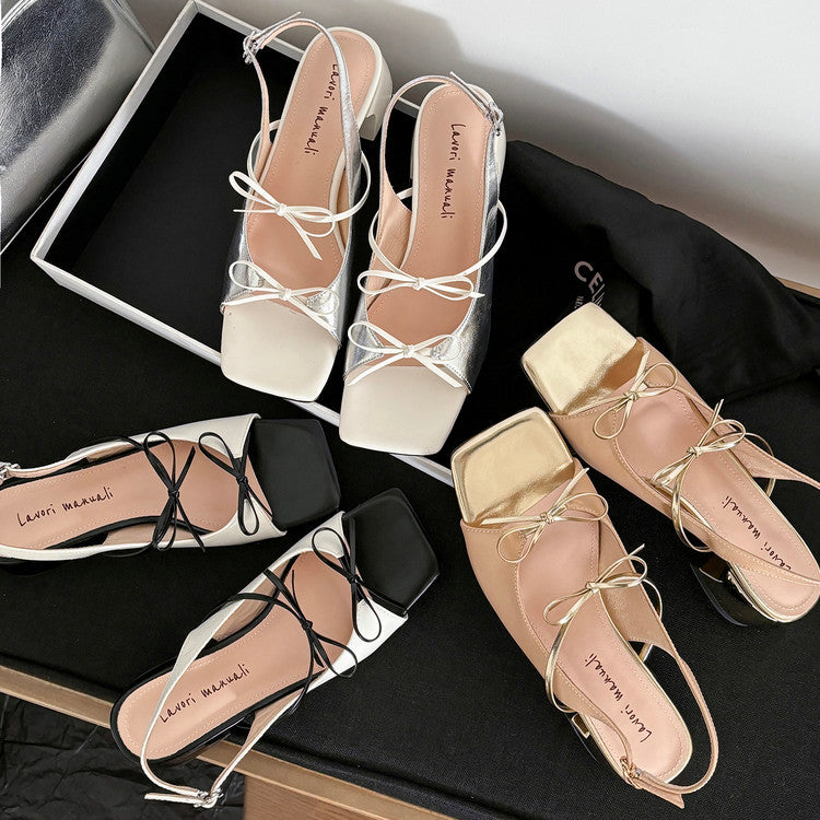 Karin Luna In Stock Spot Goods Square Toe Double Bow Thick Heel Sandals