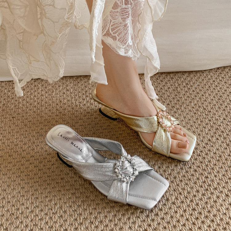 Karin Luna In Stock In Stock Elegant Square-Toe Cross-Strap Rhinestone Square-Toe Slippers